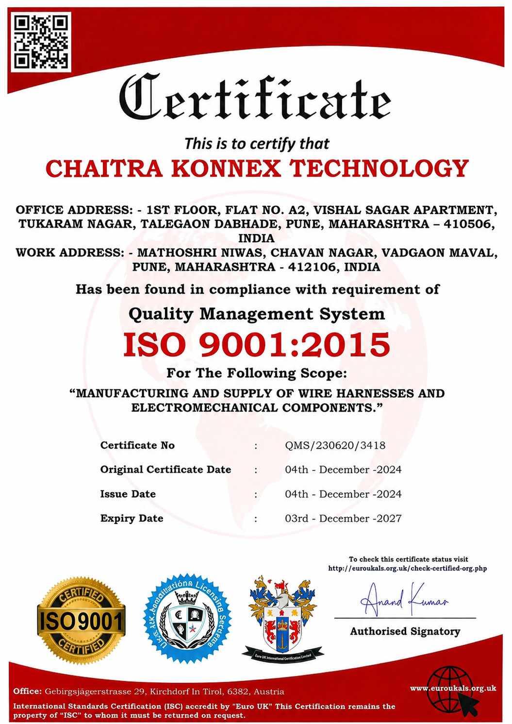 CKT ISO 9001:2015 certification